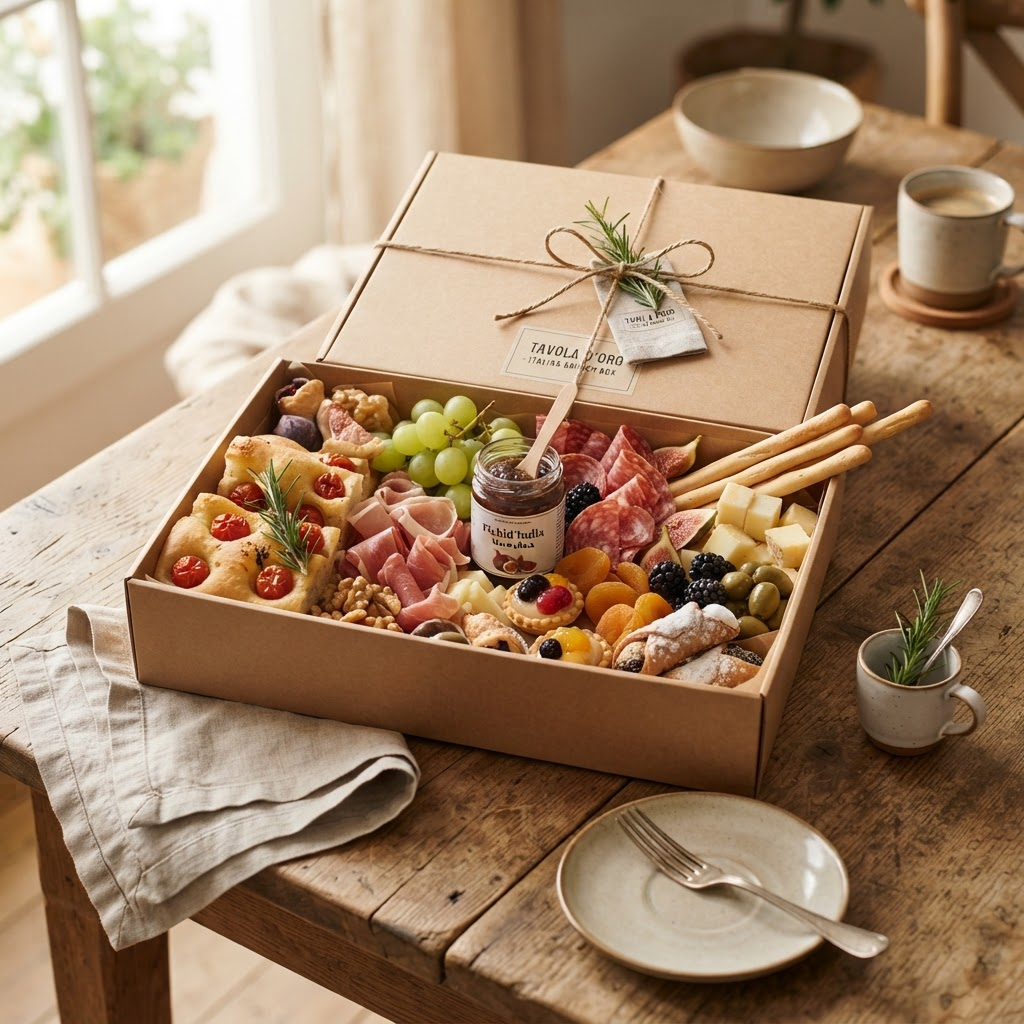Brunch Box italienne à emporter garnie de focaccia, charcuteries, fromages, fruits et viennoiseries