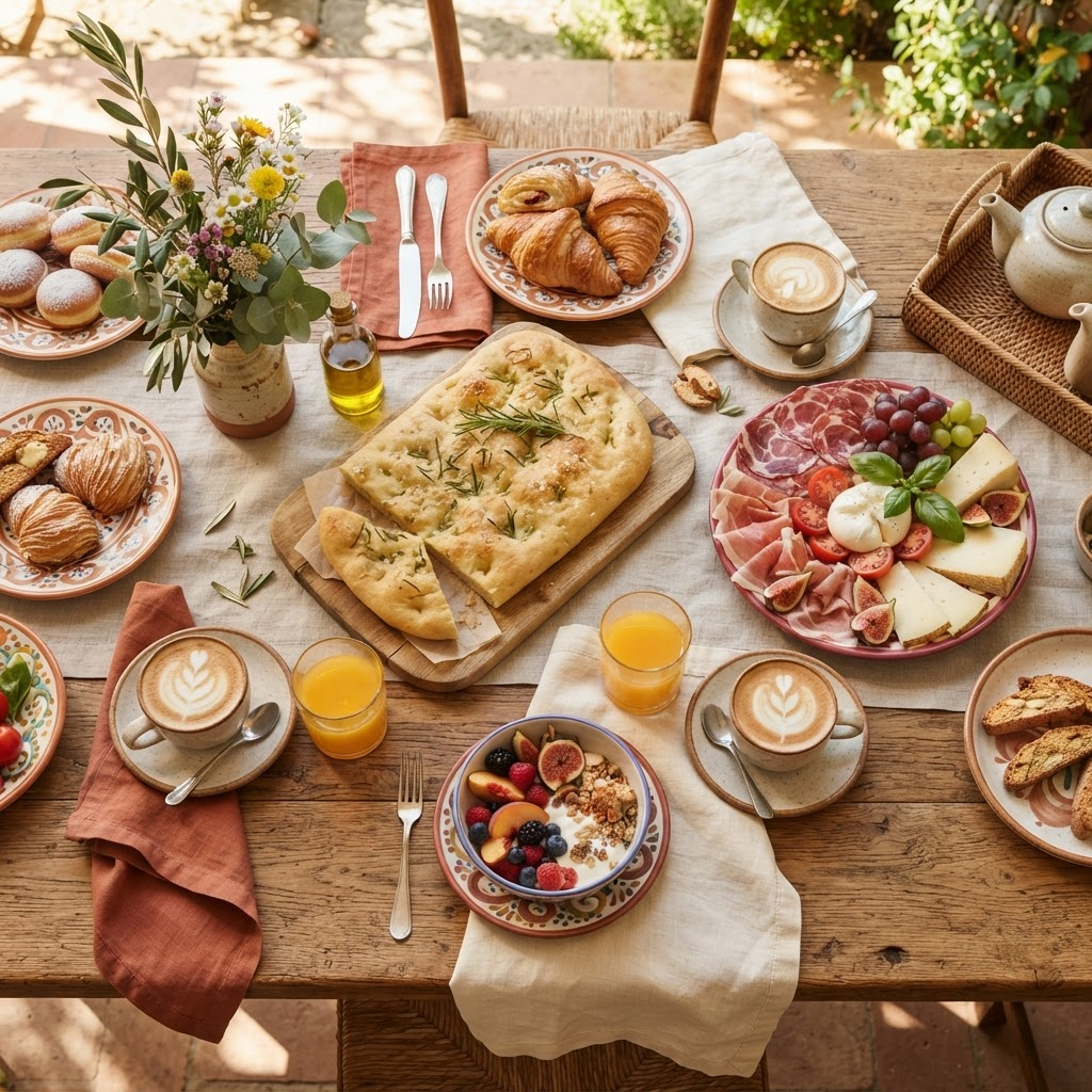 Table de brunch italien généreuse baignée de lumière matinale