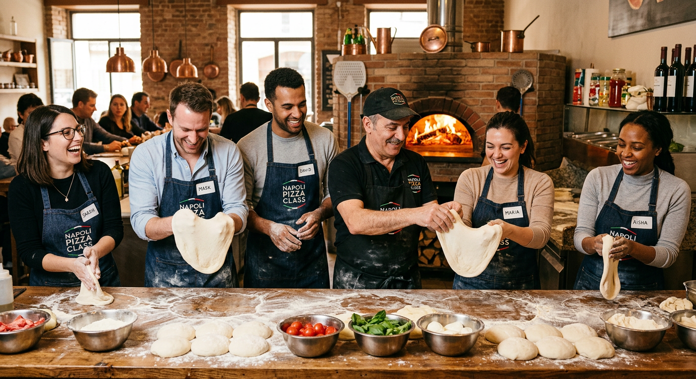 Collaborateurs en tablier préparant des pizzas napolitaines avec un pizzaiolo