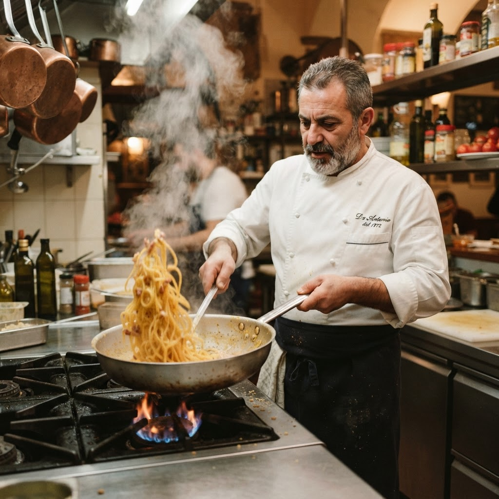 Le chef de Della Madonna prépare les pâtes fraîches dans une grande padella