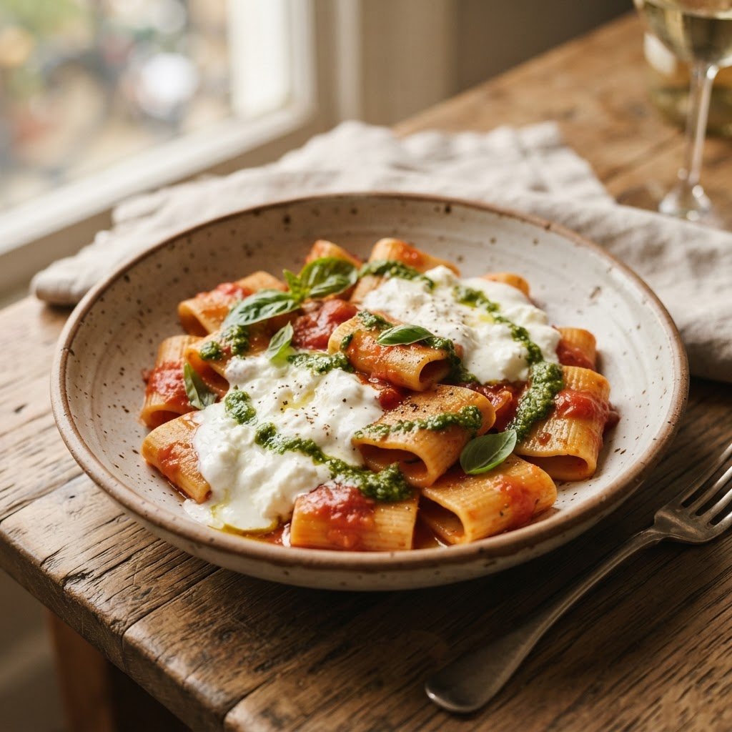 Paccheri Tomate Pesto Stracciatella — pâtes fraîches italiennes du Padella Day